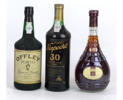 Three bottles mixed Lot fine and rare aged Tawny Port comprising 1 bottle Real Company Velha 40 yo Tawny (in Decanter flask)1