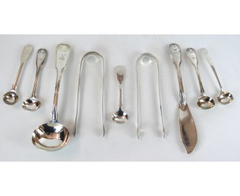 Nine pieces of George III and later hallmarked silver flatware
To include a sauce ladle having an open shell decorated handle