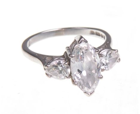 A fine quality 18ct white gold diamond three stone ring
The central marquise cut diamond approximately 1.5cts flanked by two 