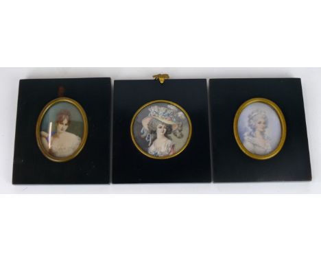 Three 19th century portrait miniatures on ivory each depicting ladies
One depicting a lady wearing a large feathered hat, pos