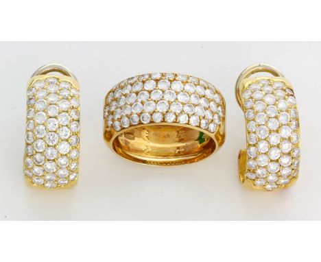 An 18ct yellow gold and diamond set suite of jewellery
Comprising a quarter hoop ring set with fifty-four round cut diamonds 