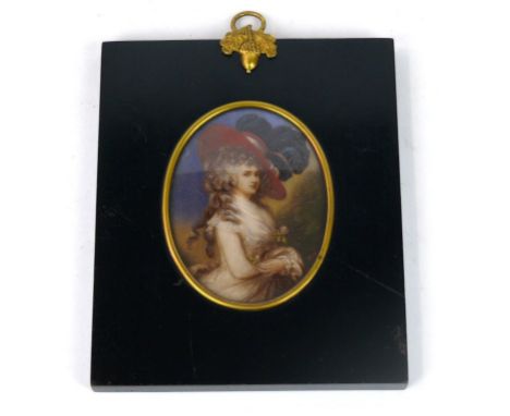 A 19th century portrait miniature on ivory depicting an important lady
Wearing a large feathered hat, with curly hair and an 