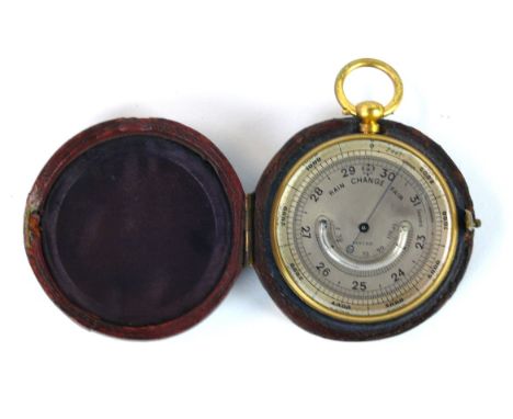 A gilt metal circular pocket barometer
With silvered face, marked A & N. C.S limited, length 7cm, fitted in leather box

