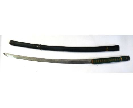 A Mejii period Japanese katana, late 19th Century
The 60cm curved single edged blade, the nakago (tang) with three mekugi ana