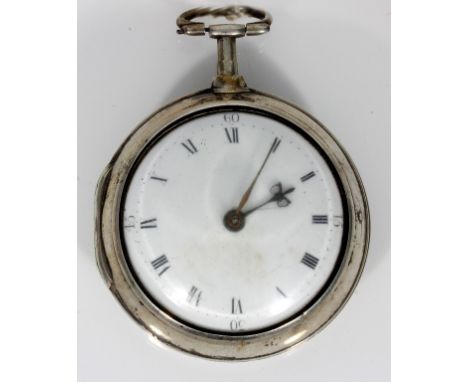 A George III hallmarked silver fusee pair cased pocket watch
The white Roman enamel dial with outer minute track, the verge f