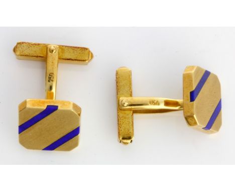 A pair of enamelled 18ct yellow gold gents cufflinks
The square platforms with canted corners decorated with blue enamel line