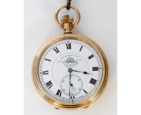 A Thomas Russell & Son of Liverpool 9ct gold cased open faced keyless wind pocket watch
The fluted winding knob above white e