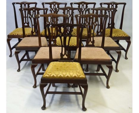 A set of ten Chippendale revival mahogany dining chairs, circa 1900
The carved open lattice splat backs above drop in seats (