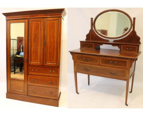 A Edwardian satinwood banded mahogany bedroom pair
Comprising a wardrobe with moulded cornice above bevelled mirrored full le