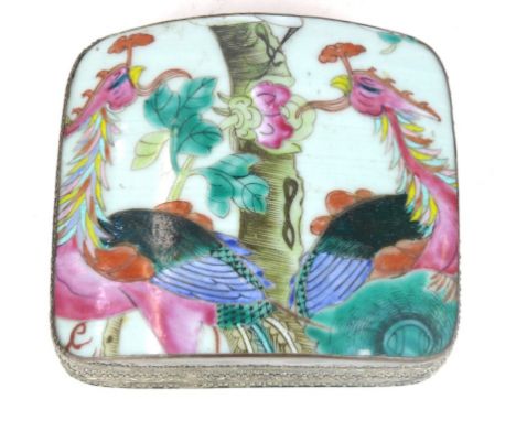 A Chinese famille rose and white metal trinket box, 19th/20th Century 
The porcelain upper top depicting phoenix before lotus