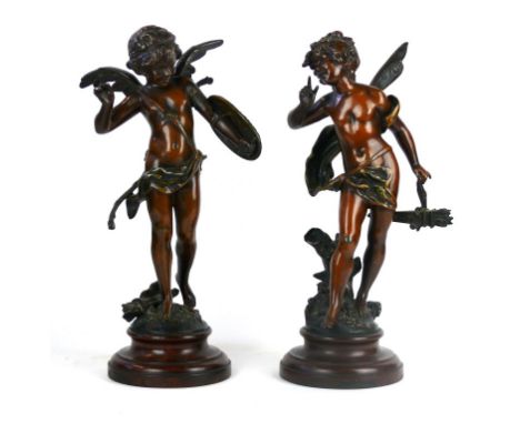 A Pair of French bronzed spelter figures ''Alerte'' and ''Badinage''
Each raised on circular plinth bases, embossed France ve