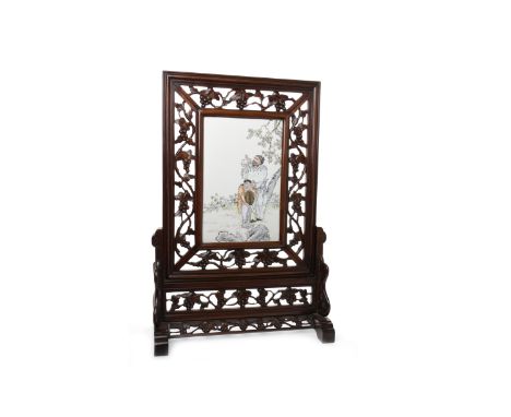 LARGE EARLY 20TH CENTURY CHINESE TABLE SCREEN the painted ceramic panel depicting a male figure and child in a garden setting