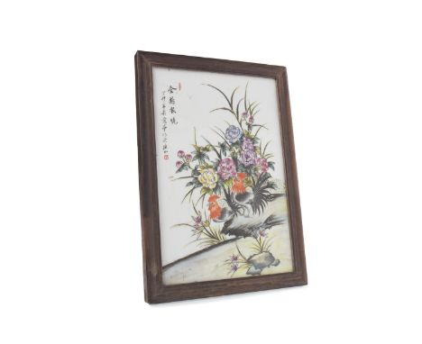 SET OF FOUR 20TH CENTURY CHINESE CERAMIC PANELSdecorated with exotic birds and flowers, in wood frames, 40cm x 29cm overall 