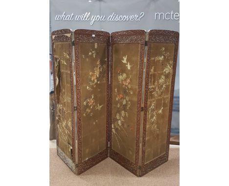19TH CENTURY CHINESE EMBROIDERED FOUR FOLD SCREENthe panels embroidered with birds and flowers, with carved wood frame, each 