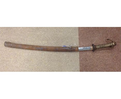 EARLY 20TH CENTURY JAPANESE SWORDwith bound skin handle, pierced tsuba and leather cased scabbard, 90cm long overall 