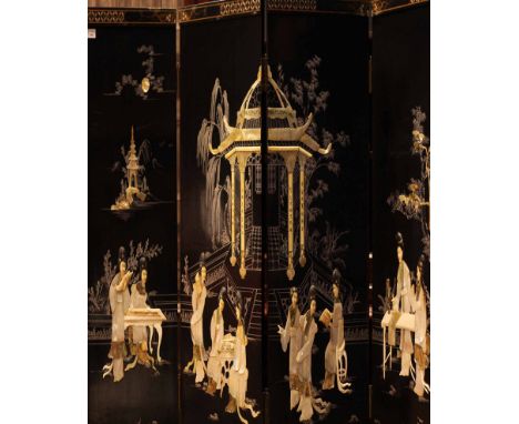 EARLY 20TH CENTURY CHINESE FOUR FOLD SCREENwith mother of pearl and bone figures in relief to the four panels, each panel 183