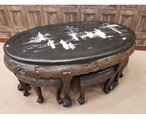 EARLY/MID 20TH CENTURY CHINESE COFFEE TABLEof oval form, with mother of pearl inlaid scene to the top depicting figures and a