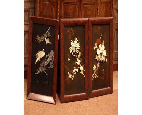 THREE EARLY 20TH CENTURY CHINESE RECTANGULAR LACQUERED PANELS  comprising a pair of panels with ivory and bone floral motifs 