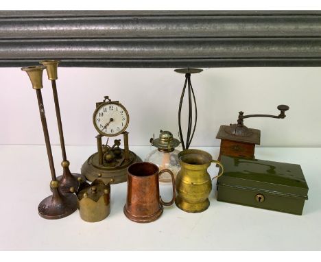 Brass Candlesticks, Cash Tin and Oil Lamp etc 