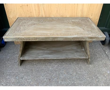 Painted Wooden Coffee Table with Shelf Under and Decorative Top and Sides - 93cm x 48cm x 43cm 