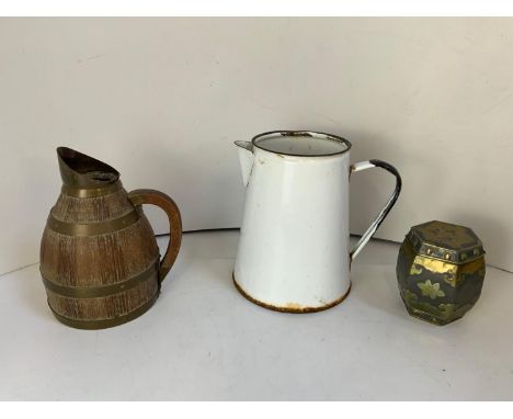Brass Bound Lead Pot, Brass Bound Wooden Jug and Enamel Jug 