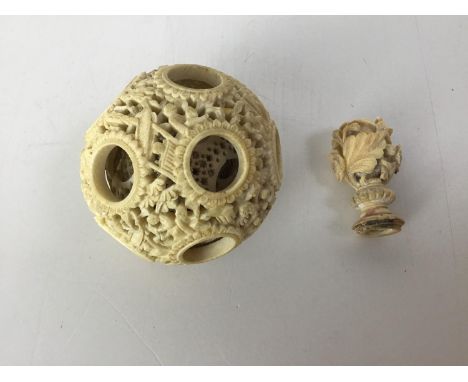 Antique Carved Ivory Puzzle Ball - Diameter 6cm and Finial - Some Damage 