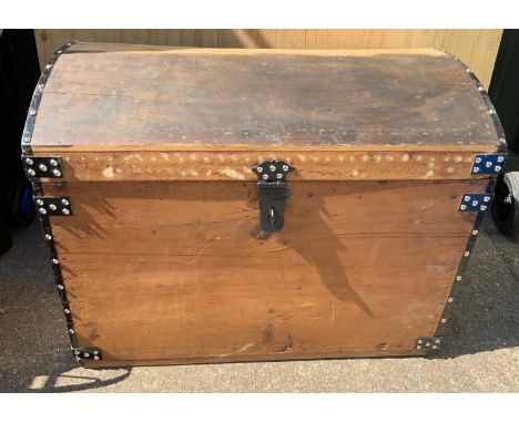 Large Wooden Trunk with Domed Top, Stud Decoration and Handles - 84cm Wide x 64cm High 