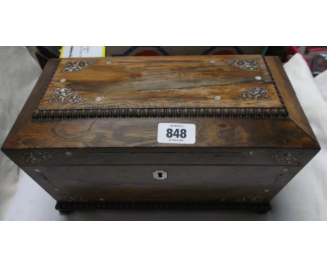 A 19th Century rosewood tea caddy of sarcophagus form with mother-of-pearl inlay and fitted interior with removable liners - 