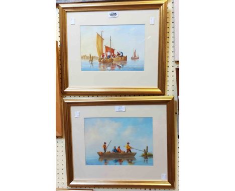 R. Horne: two gilt framed paintings, one in acrylic entitled 'The Ferry', the other in oil entitled 'River Scene' - both sign