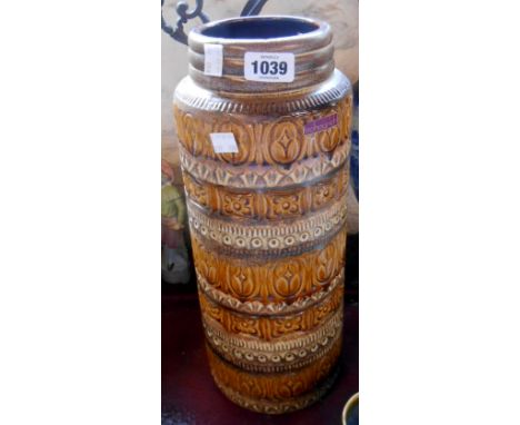 A large vintage West German Scheurich vase, with decorative textured banded decoration with brown and matt glaze finish