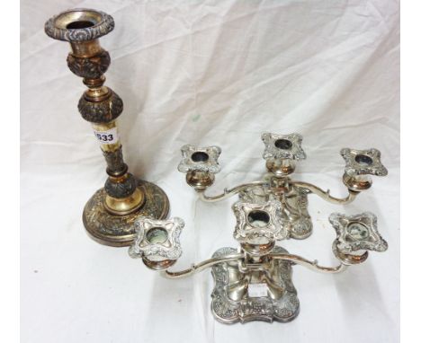 A pair of silver plated twin branch three light candelabra - sold with an antique single candlestick