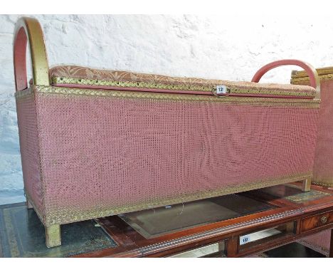 A vintage four piece loom style bedroom set comprising locker ottoman, laundry basket, bedside cabinet and chair, all with pi