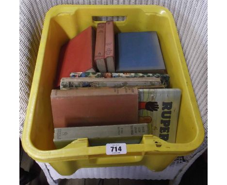 A crate containing a quantity of vintage and later children's books including Biggles, Enid Blyton novels, Rupert, etc.