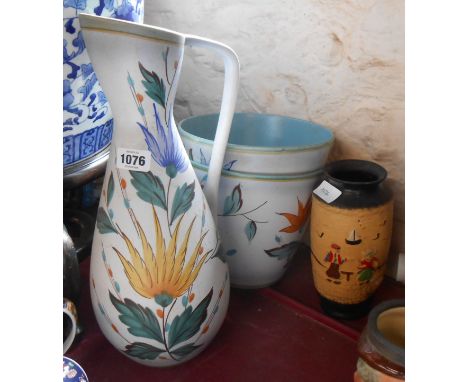 A large vintage Gouda Pottery jug with hand painted floral decoration - sold with two similar jardinières, etc.