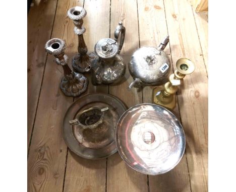 A silver plated teapot of globe form - sold with a similar coffee pot, a pair of silver plated candlesticks (plate rubbed), a