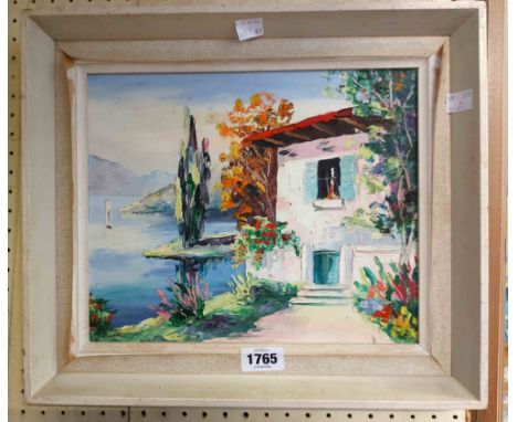 Manner of D'Oyly John: a framed vintage oil on hardboard, depicting an Italian lakeside building