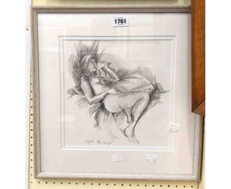 A framed 2004 pencil drawing portrait of a reclining woman - signed and dated