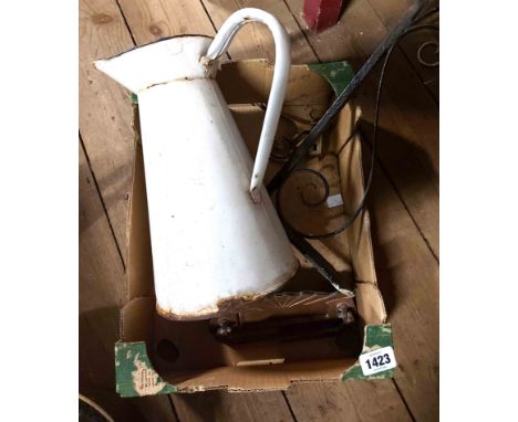 A box containing a small quantity of metalware comprising an Art Deco cast brass letter box/door knocker, cast brass coat hoo
