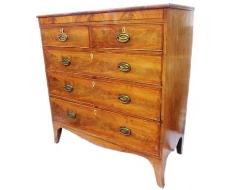 A 1.10m 19th Century mahogany cross banded and strung chest of two short and three long graduated drawers, set on raised brac