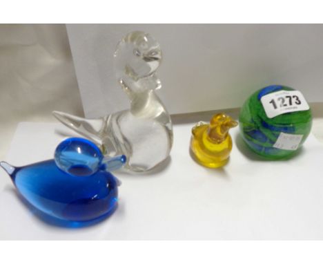 Two glass paperweights of duck form - sold with another bird similar and a coloured glass globe paperweight