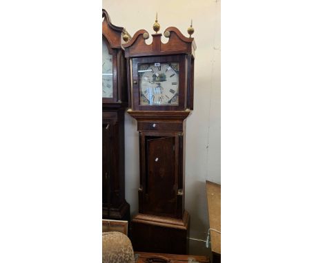 A 19th Century oak, mahogany crossbanded and inlaid longcase clock with flanking reeded quarter columns to trunk, the 30cm pa