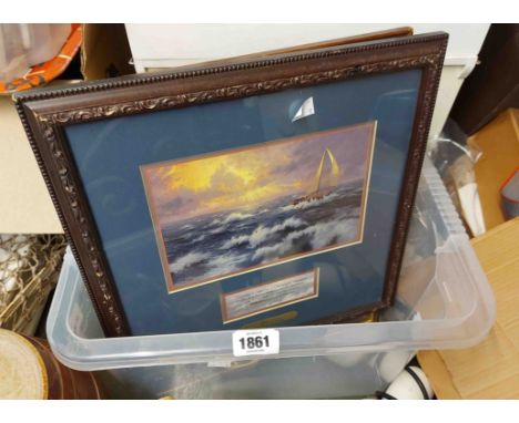 A crate containing a set of four pine framed reproduction animal prints, Hogarth framed map print of Devonshire, two other fr