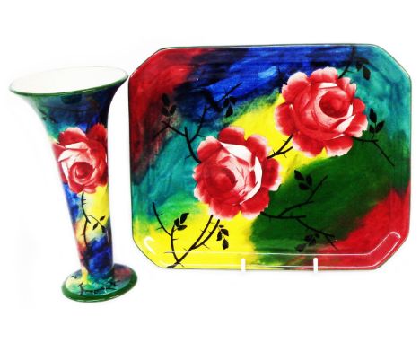 A Wemyss pottery vase of trumpet form with hand painted floral decoration in the 'Jazzy' pattern - hairline crack and mild st