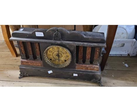 A late 19th Century American simulated black slate and marble cased mantel clock with gong and bell striking movement - no pe
