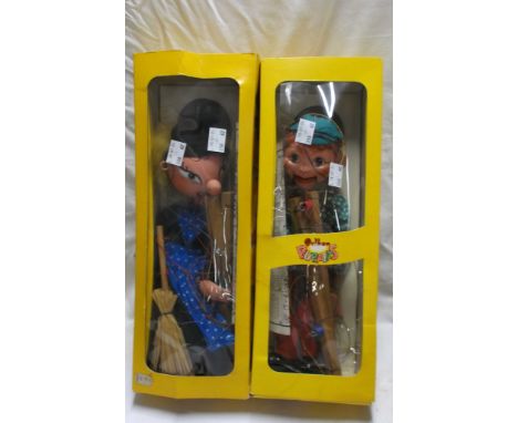 Two vintage boxed Pelham puppets comprising a Boy and a Witch
