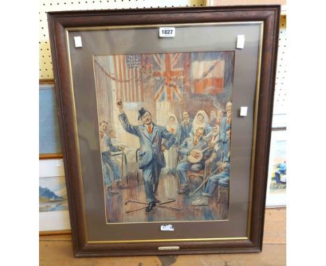A.G.: a vintage framed mixed media picture, depicting convalescing soldiers at a celebration - bearing "The Daily Graphic" pr