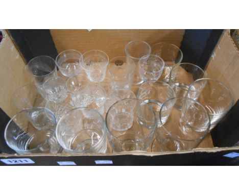A box containing a quantity of drinking glasses including 1930's Railway related tumbler with acid etched decoration for Glob