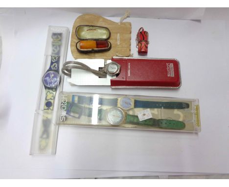 Three vintage Swatch wristwatches and a Swatch Irony steel cased lady's wristwatch with long mesh strap - in part sleeve box 