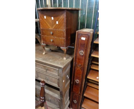A vintage 'Hunter's of Derby' mixed wood lift-top sewing box - sold with a 1.27m drawer unit - various condition