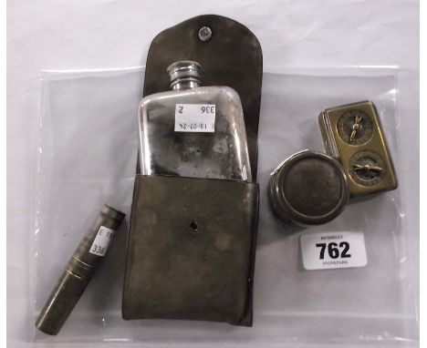 A bag containing a quantity of collectable items including a brass vesta case with two counter dials to lid, hip flask, porta